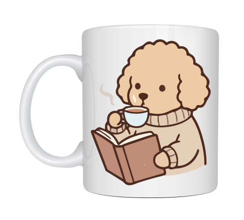Kitap Okuyan Sevimli Köpek Tasarımlı Porselen Kupa MODEL 190 – Kahve Temalı Tatlı Köpek Kahve Kupası – Köpek Severlere Hediye Kupa