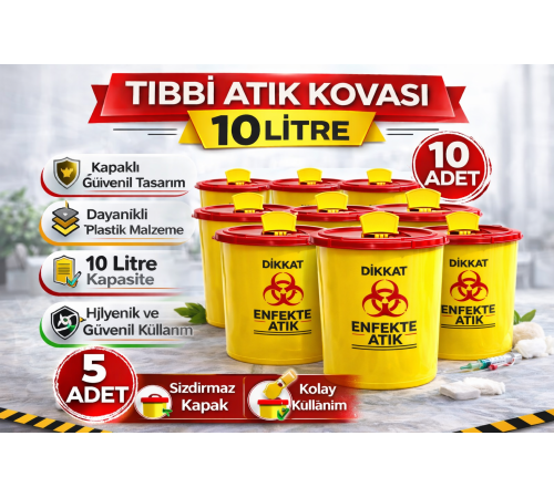 Tıbbi Atık Kovası 10 Litre 10 Adet Kapaklı Tıbbi Atık Kutusu Enfekte Atık Kovası Seti