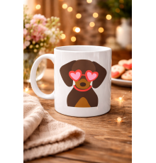 Sevimli Dachshund (Sosis Köpek) Desenli Porselen Kupa Model 47 – Kalpli Gözlüklü Köpek Figürlü, Hediye Kupası