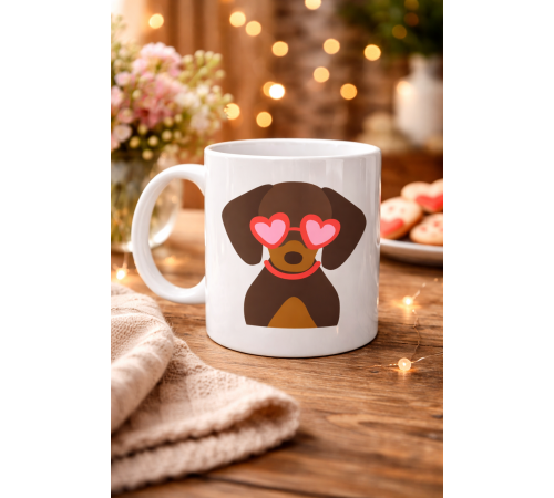 Sevimli Dachshund (Sosis Köpek) Desenli Porselen Kupa Model 47 – Kalpli Gözlüklü Köpek Figürlü, Hediye Kupası