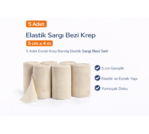 Elastik Sargı Bezi Krep 5 cm x 4 m 5 Adet Esnek Krep Bandaj Elastik Sargı Bezi Seti