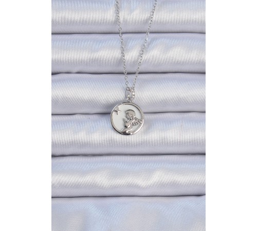 316L Çelik Zincir Gümüş Renk Zirkon Taşlı Mineli Melek Kolye