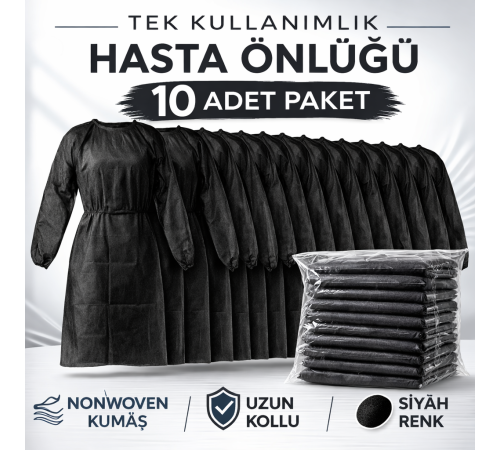Tek Kullanımlık Hasta Önlüğü 10 Adet Nonwoven Kumaş Uzun Kollu Standart Beden Siyah