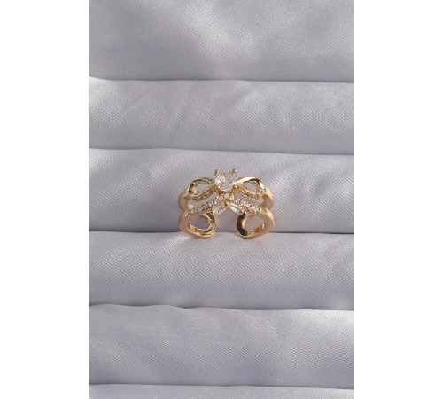 Pirinç Ayarlamalı Gold Renk Zirkon Taşlı 2li Görünüm Fiyonk Yüzük