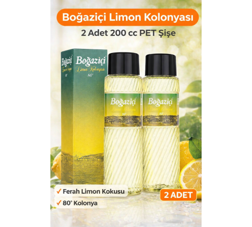 Boğaziçi Limon Kolonyası 200 cc PET Şişe 2 Adet 80° Ferahlatıcı Limon Kokulu Kolonya