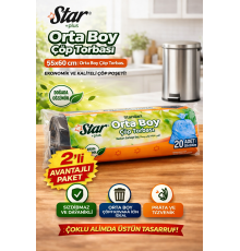 Star Plus Orta Boy Çöp Torbası 20'li 2 Paket 55x60 cm Dayanıklı Sızdırmaz Orta Boy Çöp Poşeti