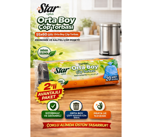 Star Plus Orta Boy Çöp Torbası 20'li 2 Paket 55x60 cm Dayanıklı Sızdırmaz Orta Boy Çöp Poşeti