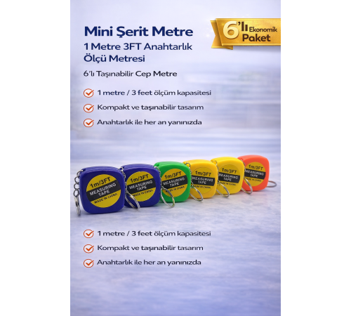 Mini Şerit Metre 1 Metre 3FT Anahtarlık Ölçü Metresi Taşınabilir Cep Metre 6 Adet