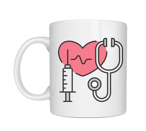Sağlık Temalı Porselen Kupa MODEL 170 – Stetoskop Kalp ve Şırınga Tasarımlı Kahve Kupası – Doktor ve Hemşire Hediyesi