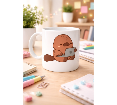 Sevimli Ornitorenk Tasarımlı Porselen Kupa MODEL 116 – Laptoplu Tatlı Hayvan Figürlü Kahve Kupası , Ofis & Ev Kullanımı
