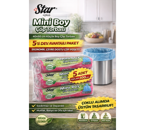 Star Plus Mini Boy Çöp Torbası 40'lı 5 Paket 40x50 cm Dayanıklı Sızdırmaz Küçük Boy Çöp Poşeti