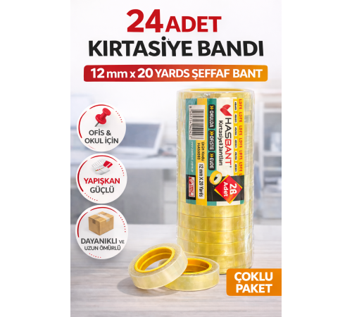 24 Adet Kırtasiye Bandı 12 mm x 20 Yards Şeffaf Bant Güçlü Yapışkan Ofis Okul Ev Kullanımı Bant Seti
