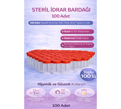 Steril İdrar Kabı Kapasiteli Numune Toplama Kabı 100 Adet