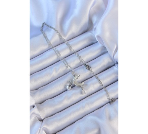 316L Çelik Zincir Gümüş Renk Zirkon Taşlı Kelebekli Mineli Ay Kolye