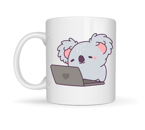 Laptoplu Koala Desenli Porselen Kupa MODEL 111 – Sevimli Ofis Kupası , Çalışanlara Özel Tatlı Hediye
