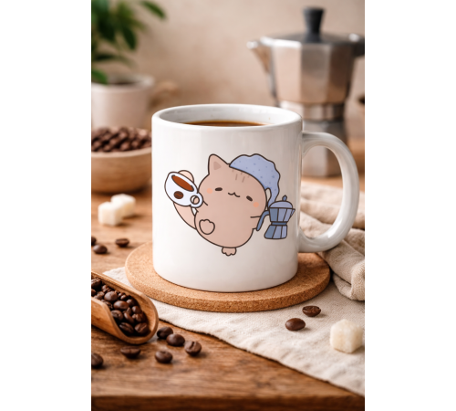 Sevimli Kahve Kedisi Tasarımlı Porselen Kupa MODEL 199 – Kahve Severlere Özel Eğlenceli Kedi Baskılı Kahve Kupası – Ofis ve Ev İçin Hediye Kupa
