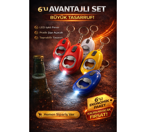 Mini LED Anahtarlık Fener Açacak Işıklı Şişe Açacak Anahtarlık 6 Adet