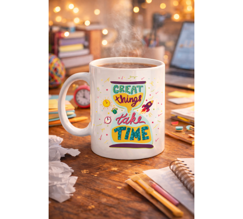 Great Things Take Time Porselen Kupa MODEL 130 – Motivasyon Mesajlı Renkli Kupa, İlham Veren Kahve & Çay Kupası