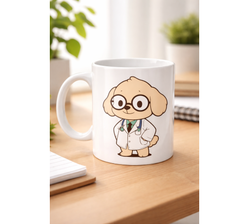 Doktor Köpek Tasarımlı Porselen Kupa MODEL 175 – Sevimli Veteriner / Doktor Temalı Kahve Kupası – Hayvan Severlere Hediye Kupa