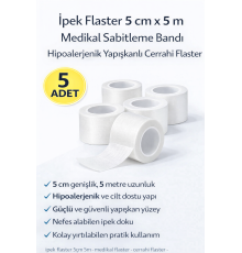 İpek Flaster 5 cm x 5 m 5 Adet Medikal Sabitleme Bandı Hipoalerjenik Yapışkanlı Cerrahi Flaster
