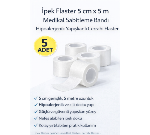 İpek Flaster 5 cm x 5 m 5 Adet Medikal Sabitleme Bandı Hipoalerjenik Yapışkanlı Cerrahi Flaster