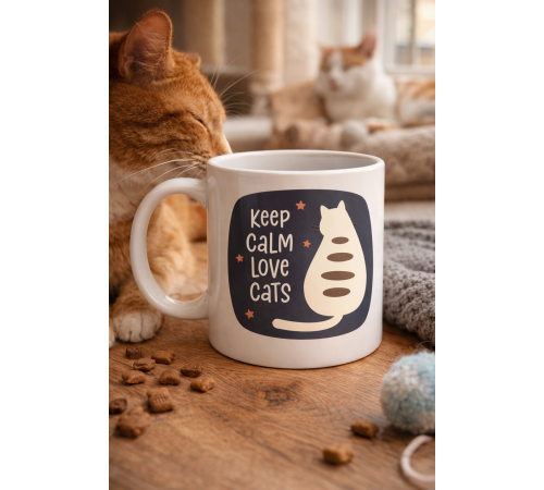 Keep Calm Love Cats Kedi Temalı Porselen Kupa MODEL 56 – Sevimli Tasarım , Kahve & Çay Kupası