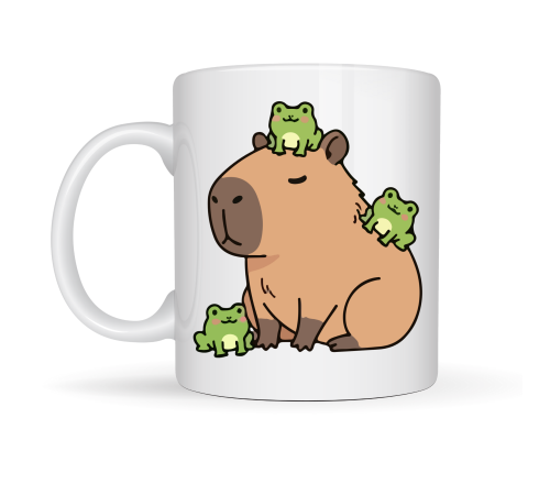 Sevimli Kapibara ve Kurbağa Desenli Porselen Kupa MODEL 98 – Eğlenceli Tasarım, Kahve & Çay Kupası, Hediye Fikri