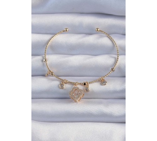 Pirinç Altın Renk Zirkon Taşlı Yonca Model Charm Bileklik