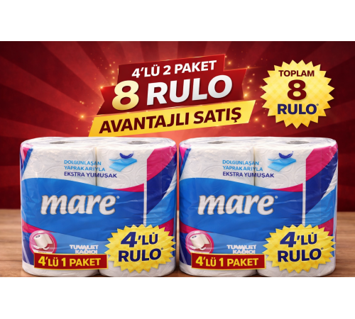 Mare Tuvalet Kağıdı 4'lü Rulo 2 Paket Ekstra Yumuşak Çift Katlı Dayanıklı Tuvalet Kağıdı