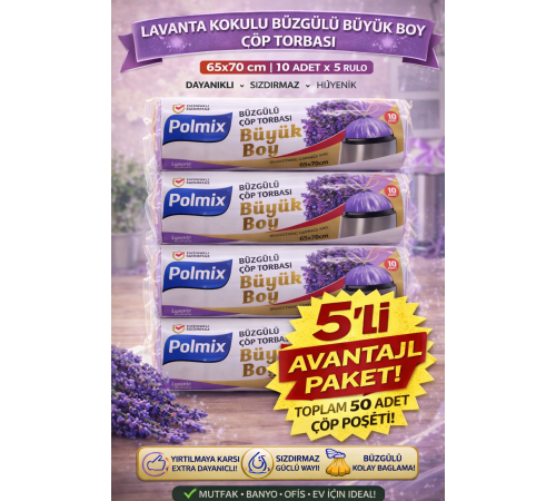 Polmix Lavanta Kokulu Büzgülü Çöp Torbası Büyük Boy 65x70 cm 10'lu 5 Paket Dayanıklı Sızdırmaz Çöp Poşeti