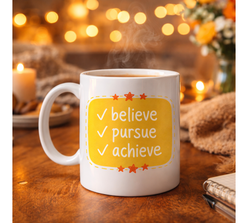 Believe Pursue Achieve Yazılı Porselen Kupa MODEL 124 – Motive Edici Tasarım, İlham Veren Kahve & Çay Kupası, Özel Hediye