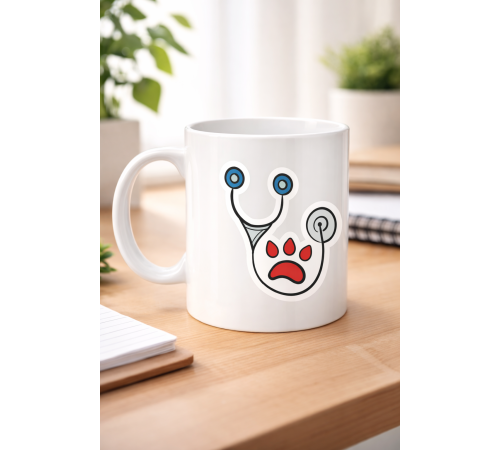 Veteriner Temalı Porselen Kupa MODEL 178 – Patili Stetoskop Tasarımlı Kahve Kupası – Veterinerlere ve Hayvan Severlere Hediye Kupa