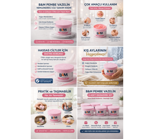 B&M Pembe Vazelin Nemlendirici Cilt Bakım Kremi Çok Amaçlı Vazelin 6 Adet