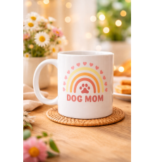 Dog Mom Baskılı Porselen Kupa MODEL 186 – Köpek Annesi Temalı Sevimli Kahve Kupası – Köpek Severlere Hediye – Sevimli Pati ve Gökkuşağı Tasarımlı Kupa