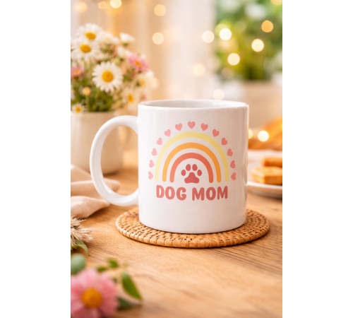 Dog Mom Baskılı Porselen Kupa MODEL 186 – Köpek Annesi Temalı Sevimli Kahve Kupası – Köpek Severlere Hediye – Sevimli Pati ve Gökkuşağı Tasarımlı Kupa
