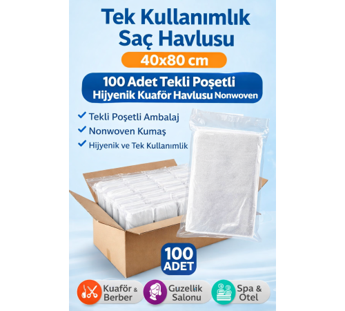Tek Kullanımlık Saç Havlusu 40x80 cm 100 Adet Tekli Poşetli Hijyenik Kuaför Havlusu Nonwoven