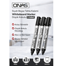 Onas Siyah Beyaz Tahta Kalemi Whiteboard Marker Düşük Kokulu 3 Adet