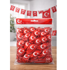 Ayyıldızlı Kırmızı Balon Seti Türk Bayraklı Parti Balonu Dayanıklı Latex Balon 50 Adet