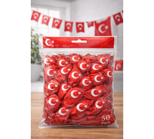 Ayyıldızlı Kırmızı Balon Seti Türk Bayraklı Parti Balonu Dayanıklı Latex Balon 50 Adet