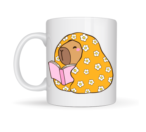 Kitap Okuyan Kapibara Desenli Porselen Kupa MODEL 102 – Sıcacık Tasarım , Kahve & Çay Kupası , Kitap Severlere Özel Hediyelik