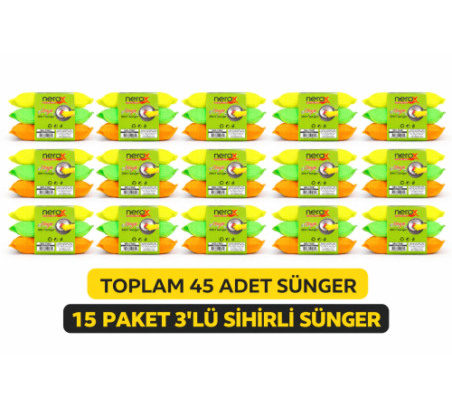 Nerox Magic Sihirli Sünger 3'lü 15 Paket Toplam 45 Adet Çok Amaçlı Temizlik Süngeri Mutfak Bulaşık Banyo Temizlik Süngeri