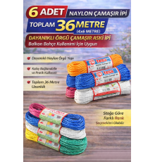 6 Adet Naylon Çamaşır İpi 6 Metre Dayanıklı Örgü Çamaşır Askı İpi Toplam 36 Metre
