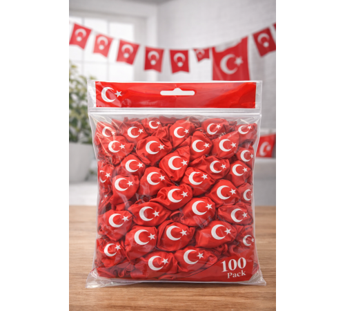 Ayyıldızlı Kırmızı Balon Seti Türk Bayraklı Parti Balonu Dayanıklı Latex Balon 100 Adet