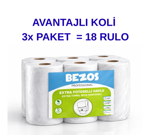 Professional Fotoselli Havlu 18 Rulo – 2 Katlı %100 Selüloz 21 cm Endüstriyel Kağıt Havlu 3X6 Rulo