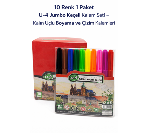 U-4 Jumbo Keçeli Kalem Seti 10 Renk – Kalın Uçlu Boyama ve Çizim Kalemi Seti (1 Paket)