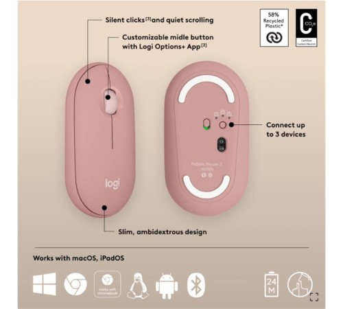 LOGITECH PEBBLE 2 M350S KABLOSUZ BLUETOOTH SESSİZ OPTİK MOUSE PEMBE 910-007014