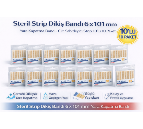 Steril Strip Dikiş Bandı 6 x 101 mm Yara Kapatma Bandı Cilt Sabitleyici Strip 10lu 10 Paket