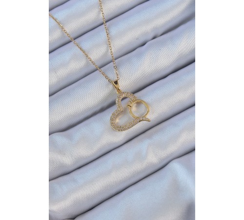 316L Çelik Zincir Altın Renk Zirkon Taşlı Yüzüklü Kalp Kolye