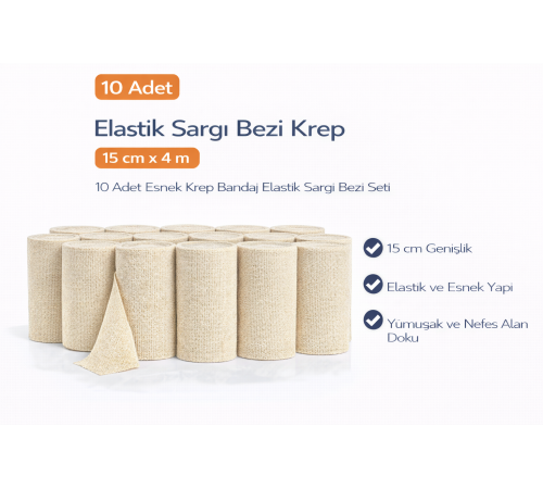 Elastik Sargı Bezi Krep 15 cm x 4 m 10 Adet Esnek Krep Bandaj Elastik Sargı Bezi Seti