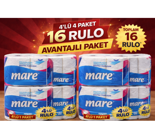 Mare Tuvalet Kağıdı 4'lü Rulo 4 Paket Ekstra Yumuşak Çift Katlı Dayanıklı Tuvalet Kağıdı